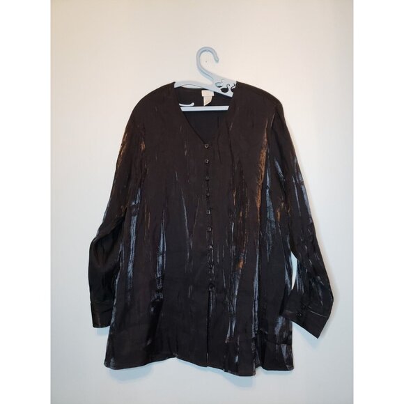 Studio C Womens Plus 18 / 20 Blouse Button Front Long Sleeve Black Shiny Sheer - Picture 1 of 5